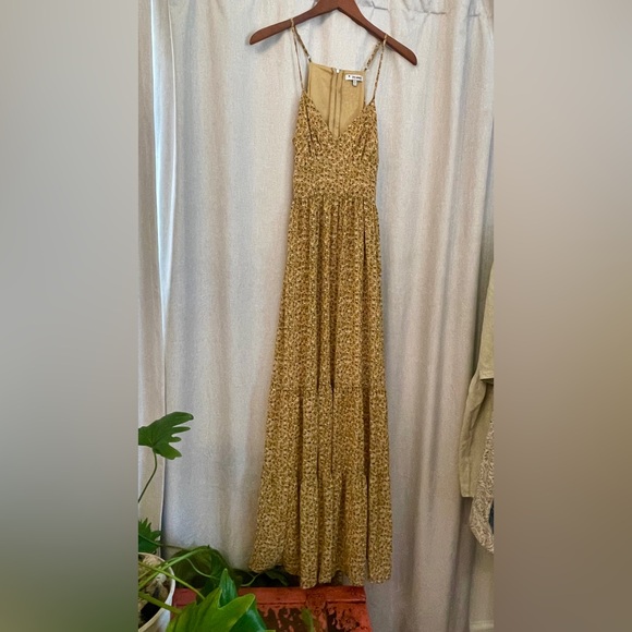Ivy May Dresses & Skirts - Y2K Mustard Floral Maxi Dress with V-Neck  Tiered Skirt and Spaghetti Straps